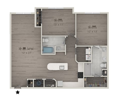 Floor plan for 2 beds, 2 baths, 1159 sqft